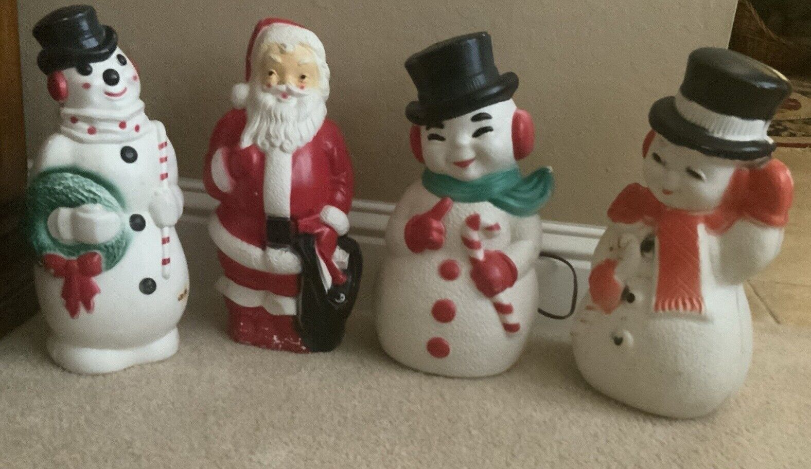 Christmas Blow Mold Vintage Lot 1 Santa 3 Snowmen approx 13 1/2” tall