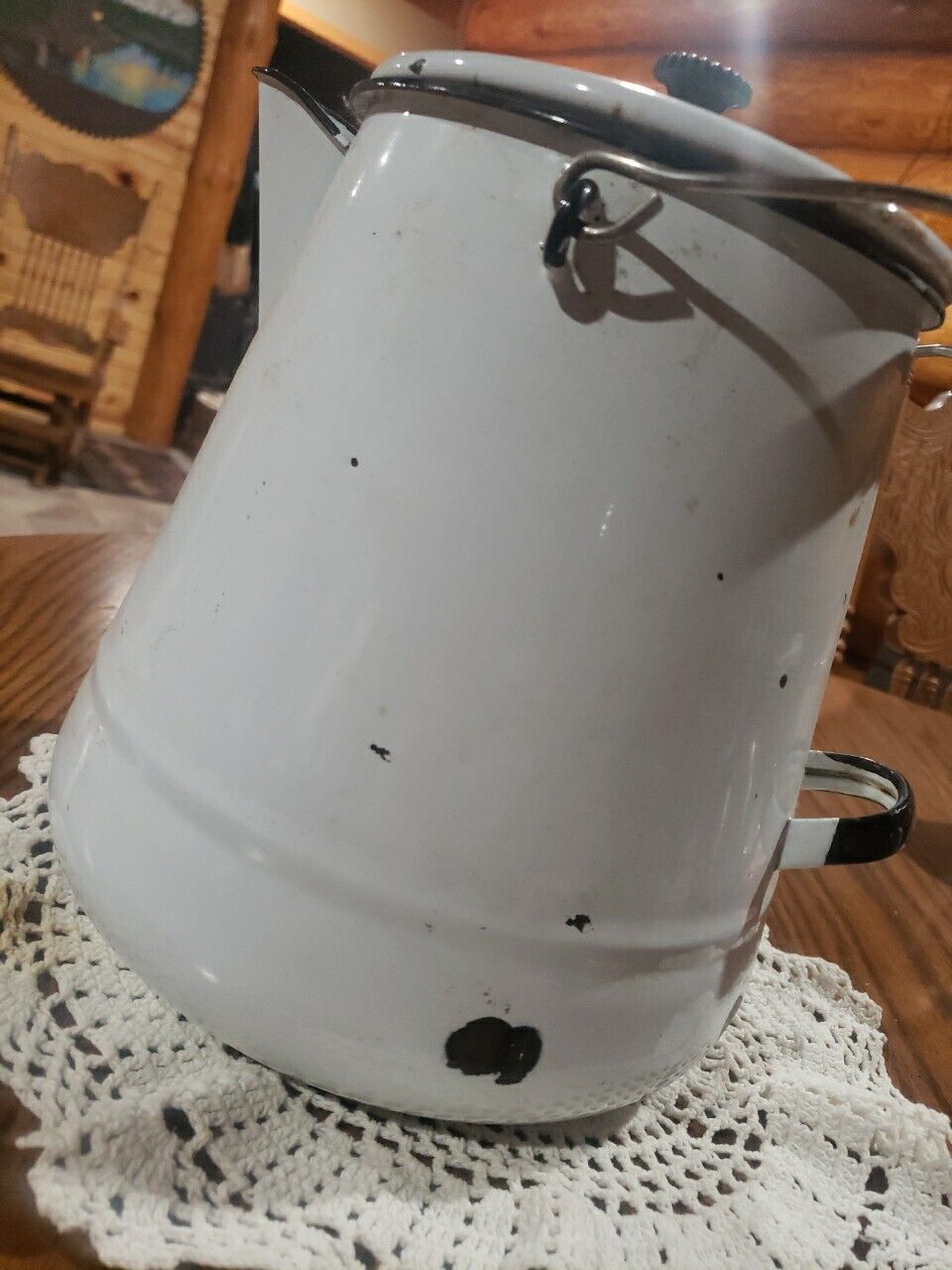 Vintage Large 1.5 Gallon White Enamel  Coffee Pot Black Trim