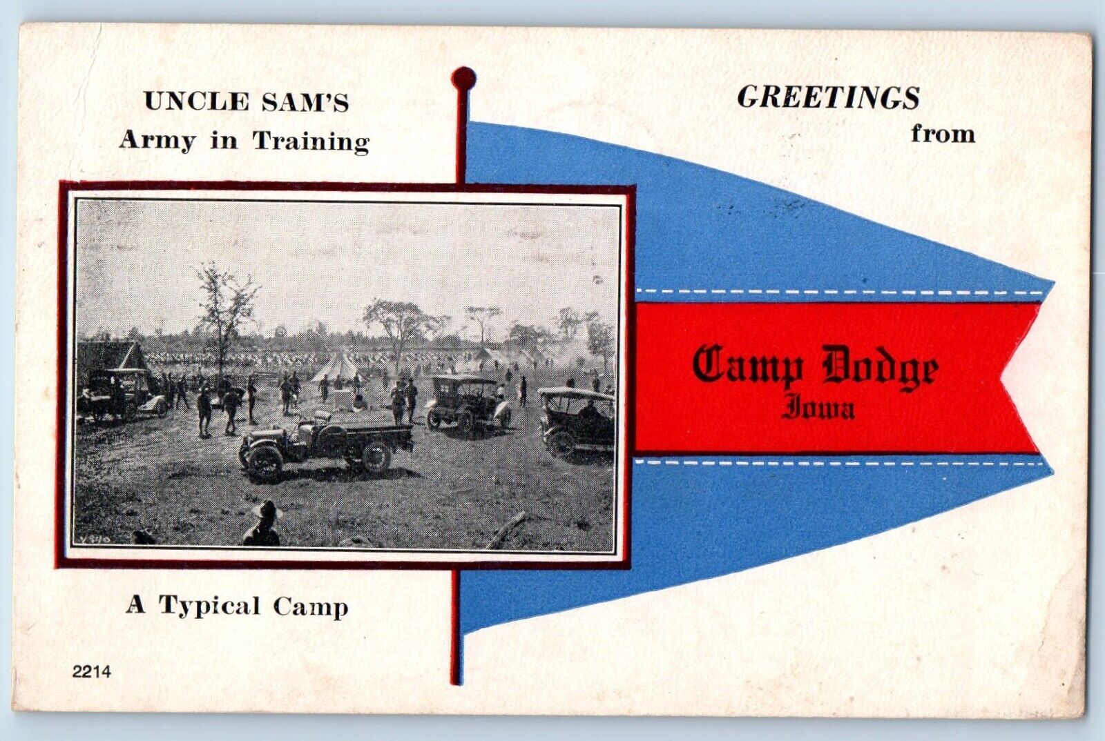 Camp Dodge Iowa IA Postcard Uncle Sam\'s Army Training Typical Camp c1918 Vintage