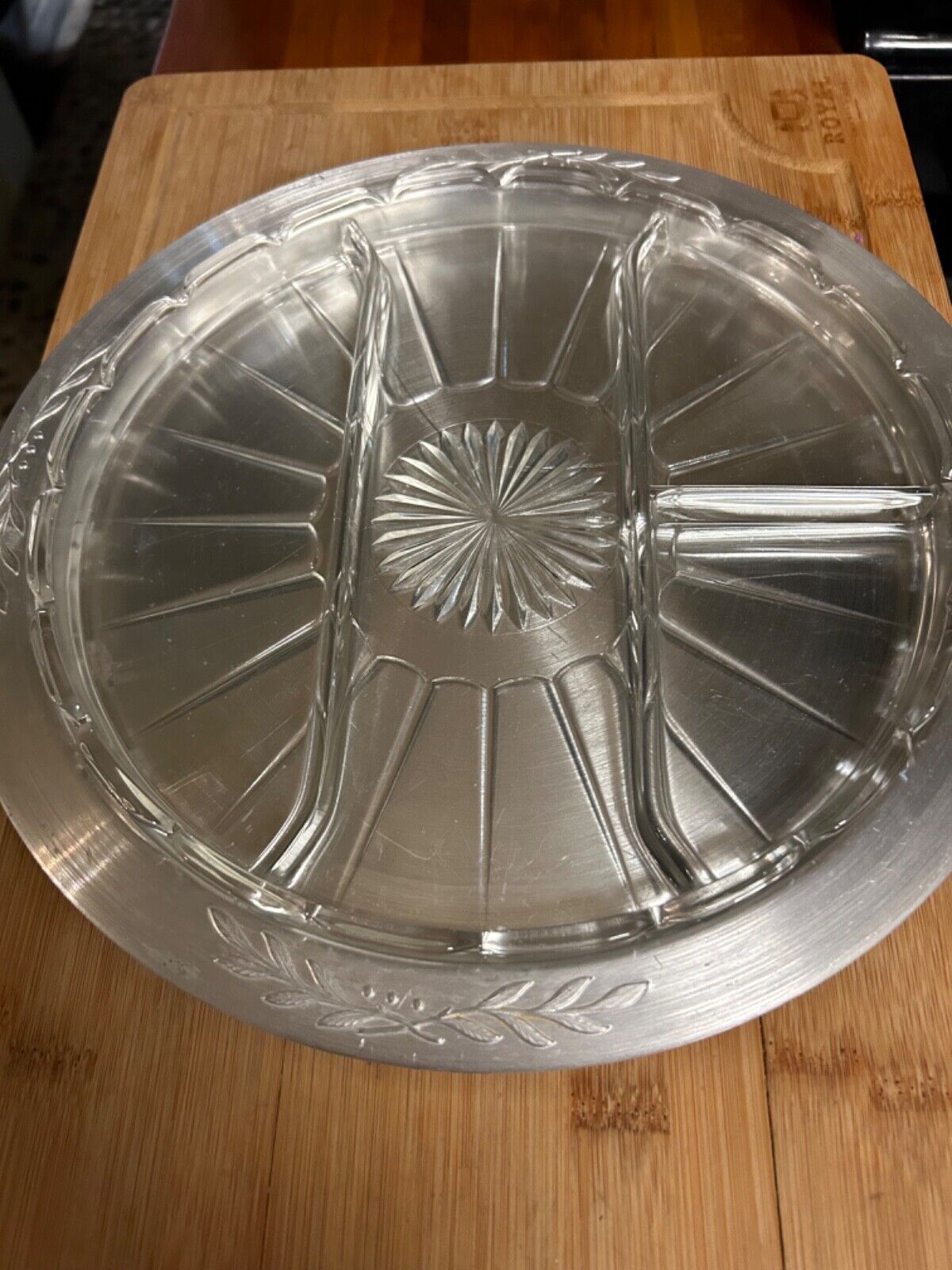 Vintage Aluminum Tray & Clear Glass Divided Appetizer Dish
