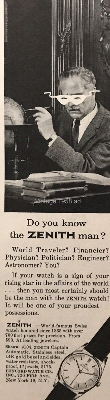 1958 The Zenith Man PRINT AD Captain Watch VINTAGE PROMO Amusing Art Text