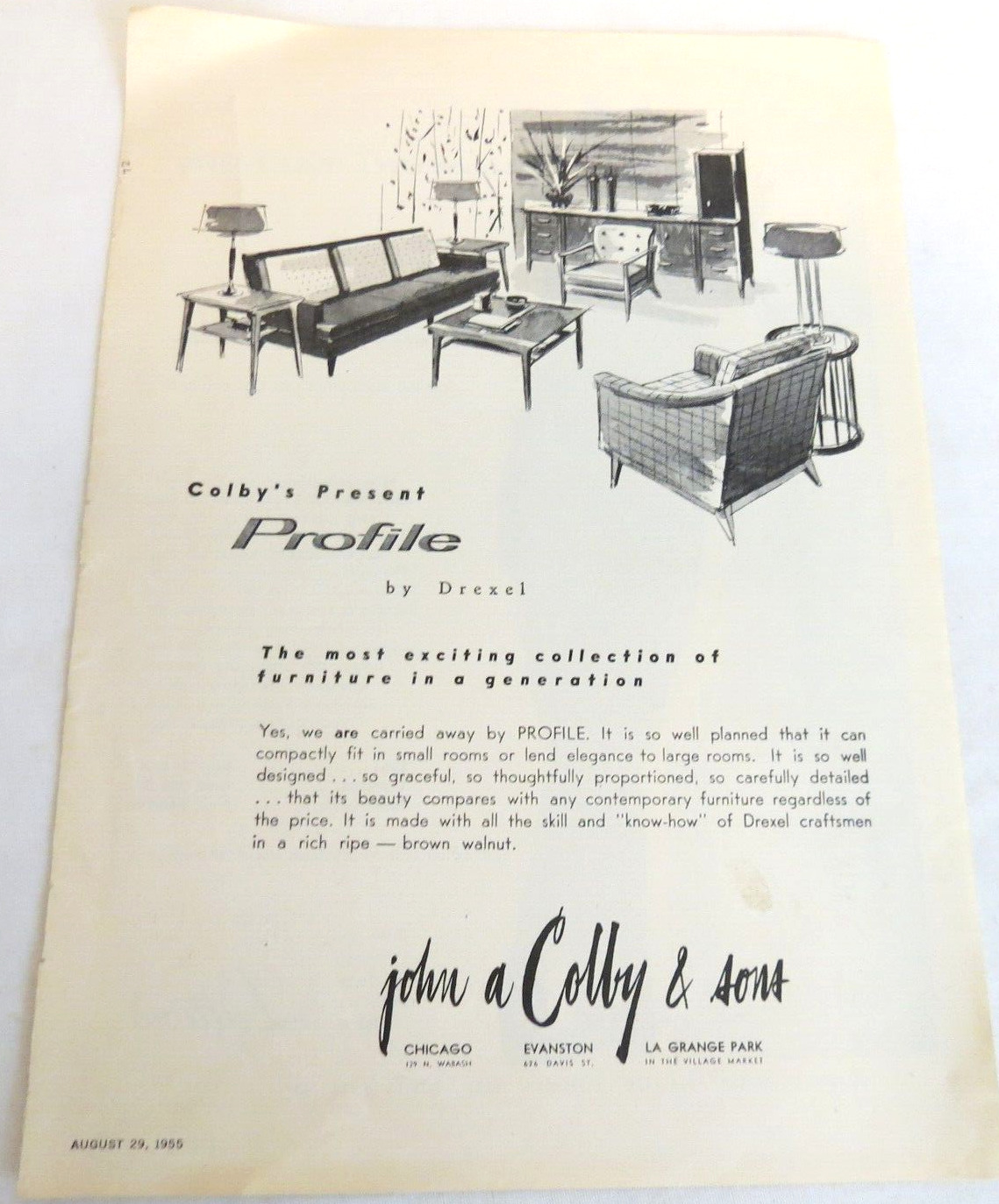 Colby's Present Profile by Drexel 1955 MCM Furniture Advertising Print Ad VTG