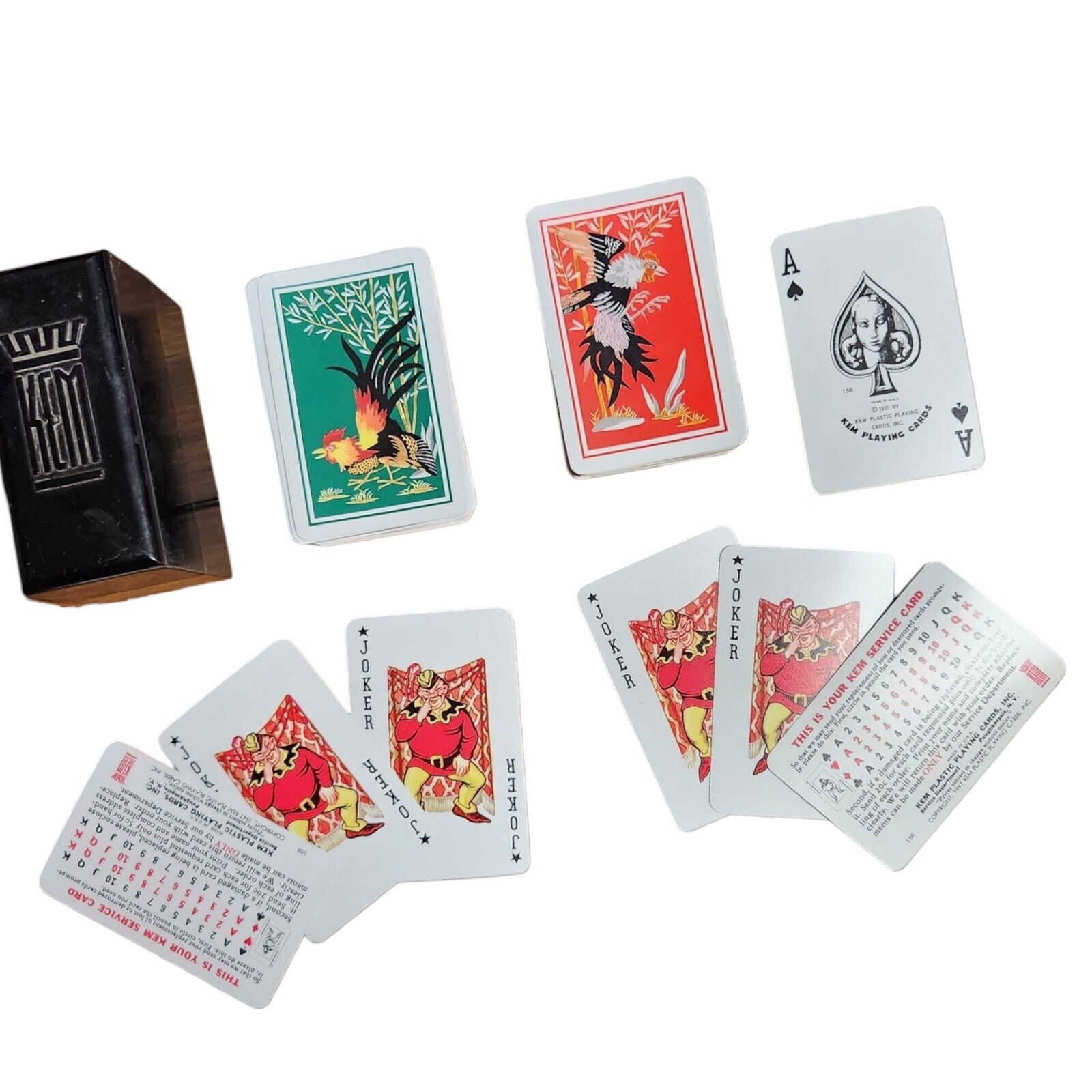 Vintage 1954 ROOSTER Pattern KEM 100% Plastic Playing Cards w/ Orig Case 40s 50s