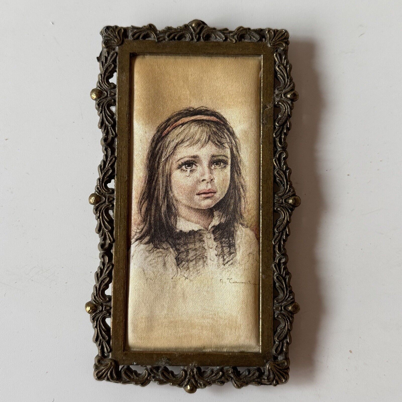 Vintage Miniature Picture Frame Portrait On Silk? 