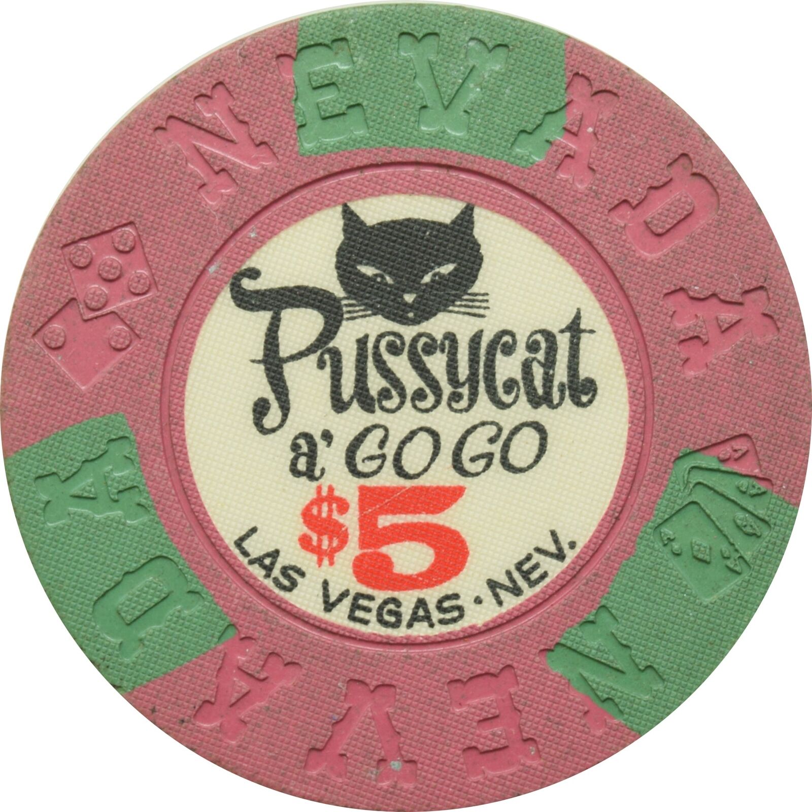 Pussycat a\' Go-Go Casino Las Vegas Nevada $5 Inlay Chip 1964