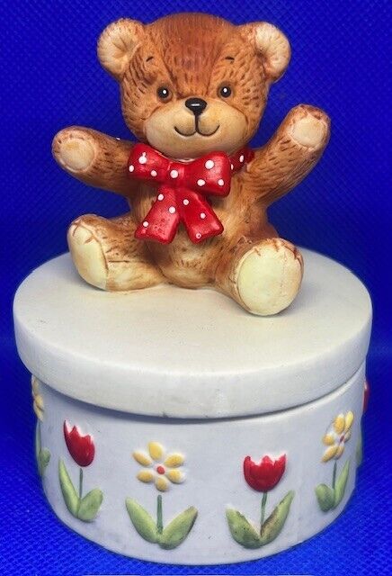 Vintage Teddy Bear on Flower Box Cake Jewlery Trinket Box