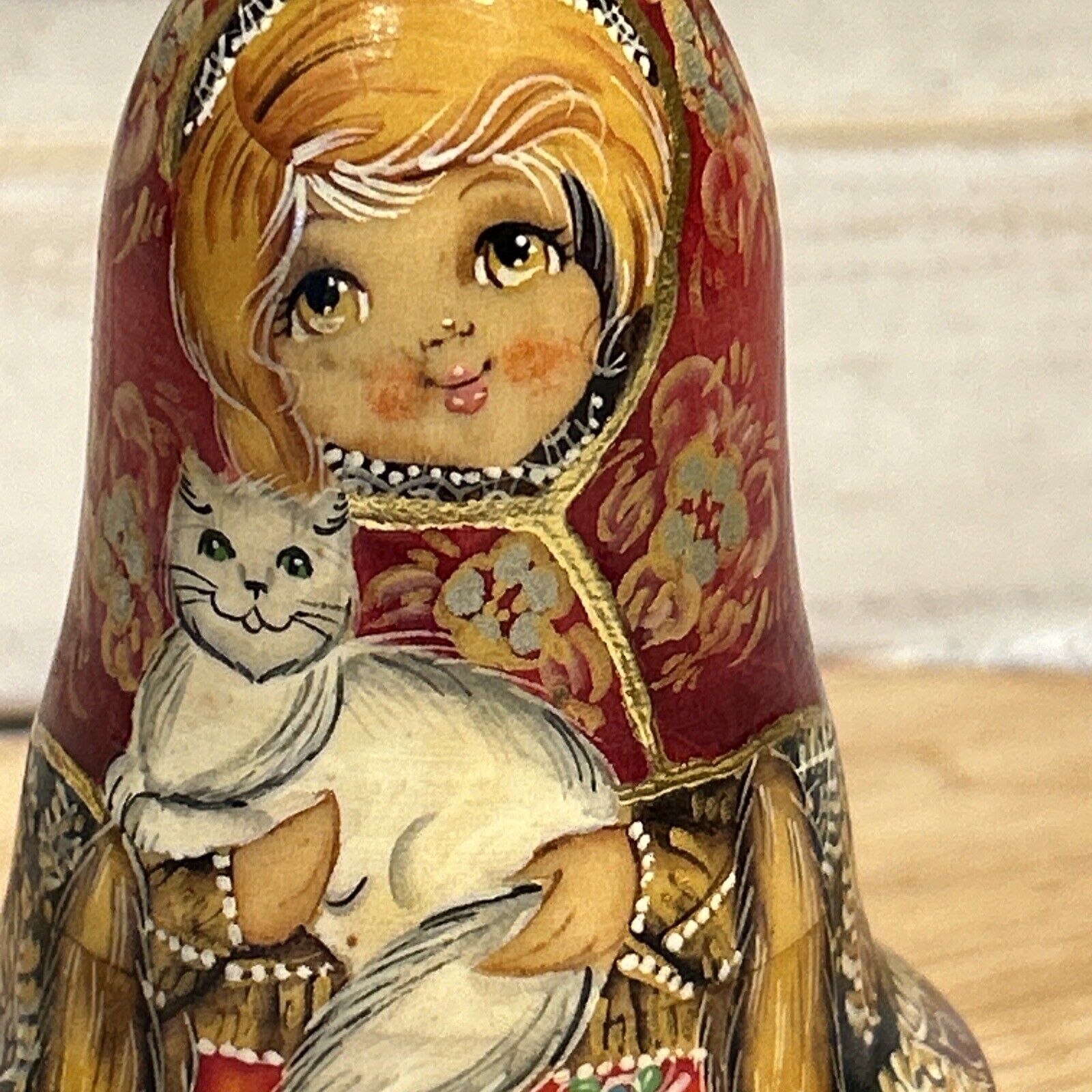 Vtg Russian Matryoshka Hand Painted Chime Wobble Bell Doll Roly Poly - Cats