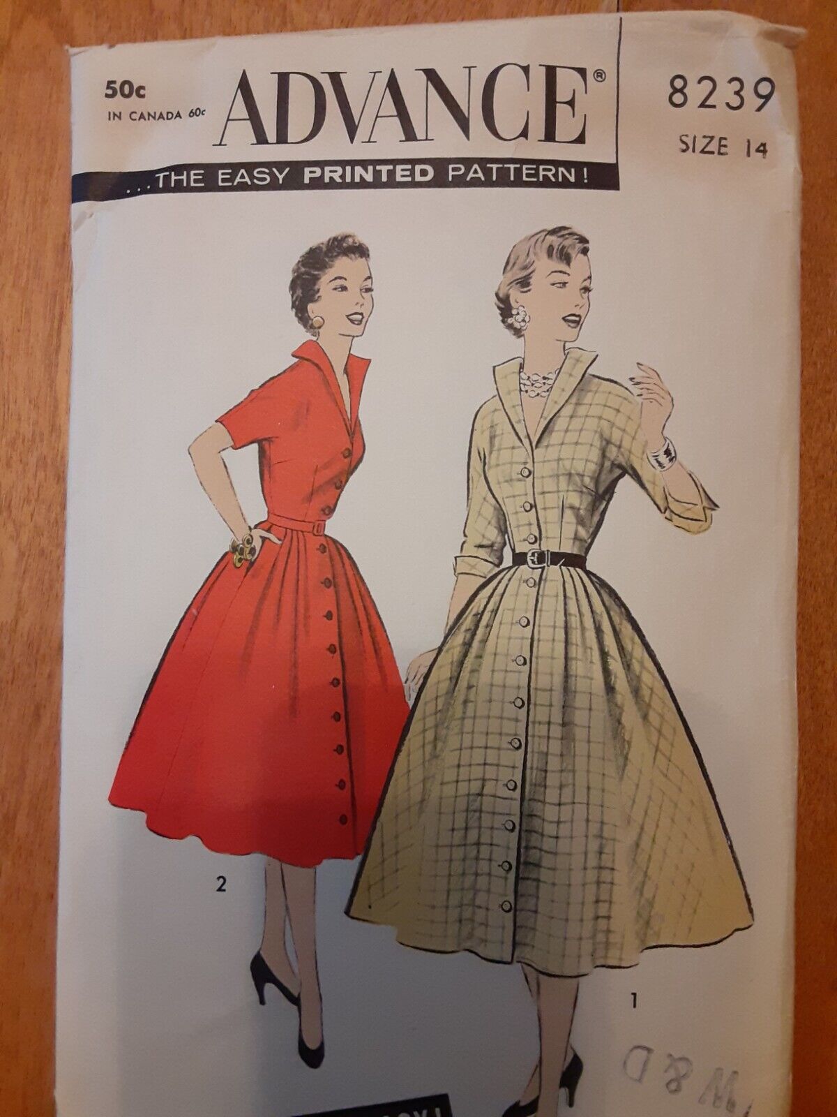 1957 Advance #8239 Miss Size 14 Bust 34 Shirtdress-only 4 Major Pattern Pieces