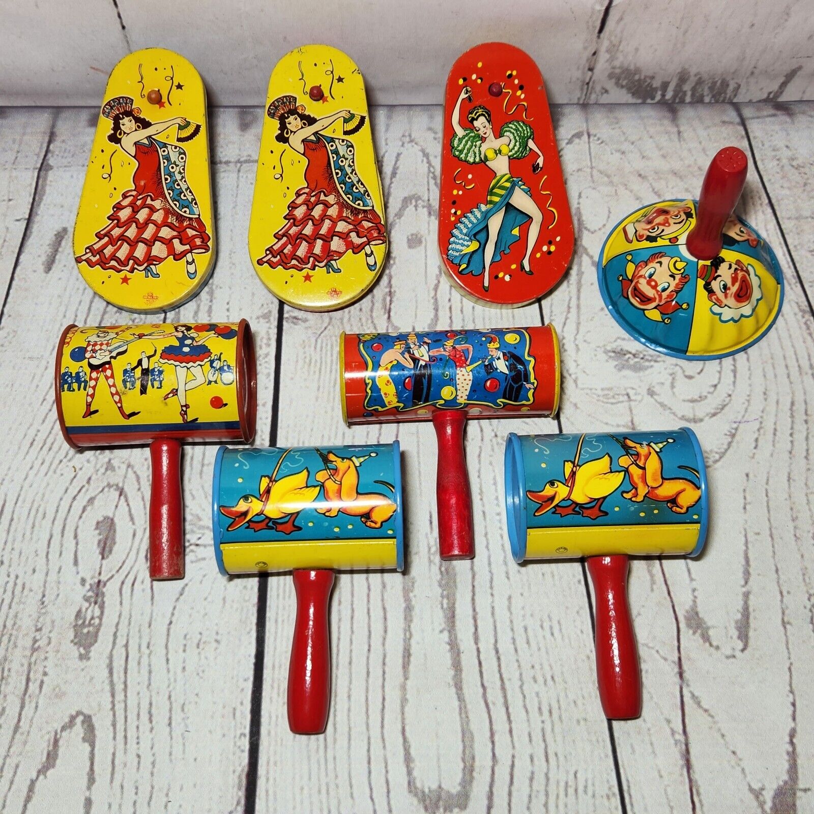 Lot of 8 Vintage New Year's Eve Party Tin Noisemakers Crank Bell Mallet Hammer