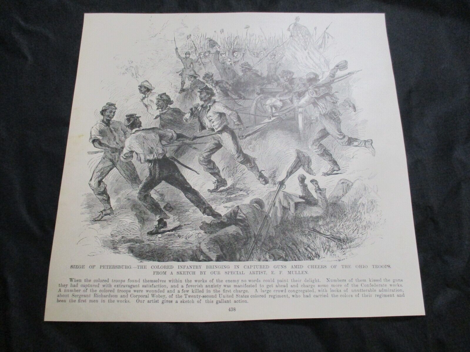 1885 Civil War Print- Infantry Bringing In Guns at Petersburg, Ohio Troops Cheer