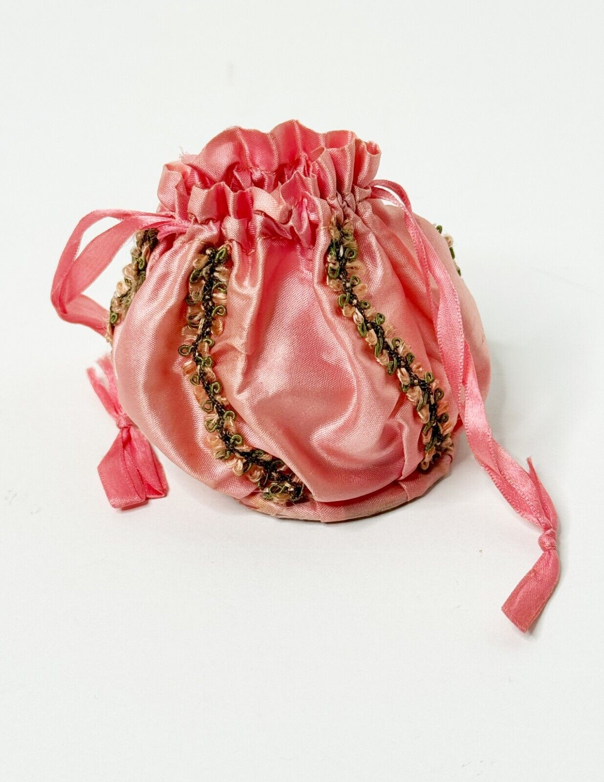 Antique Compact Mirror Purse - Pink Silk Ribbonwork Roses - Powder Puff