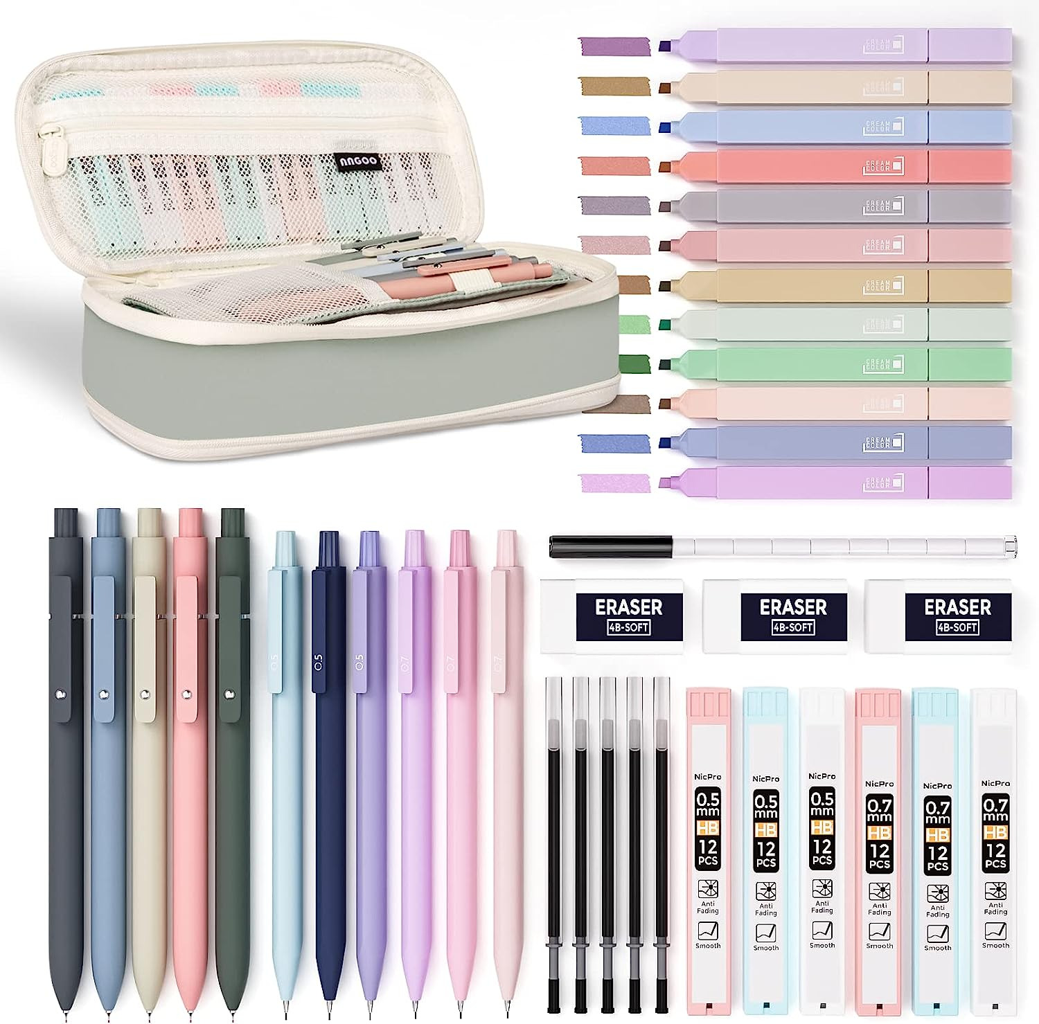 39 PCS Aesthetic School Supplies with Big Capacity Pen Case 12 Colors Chisel Tip