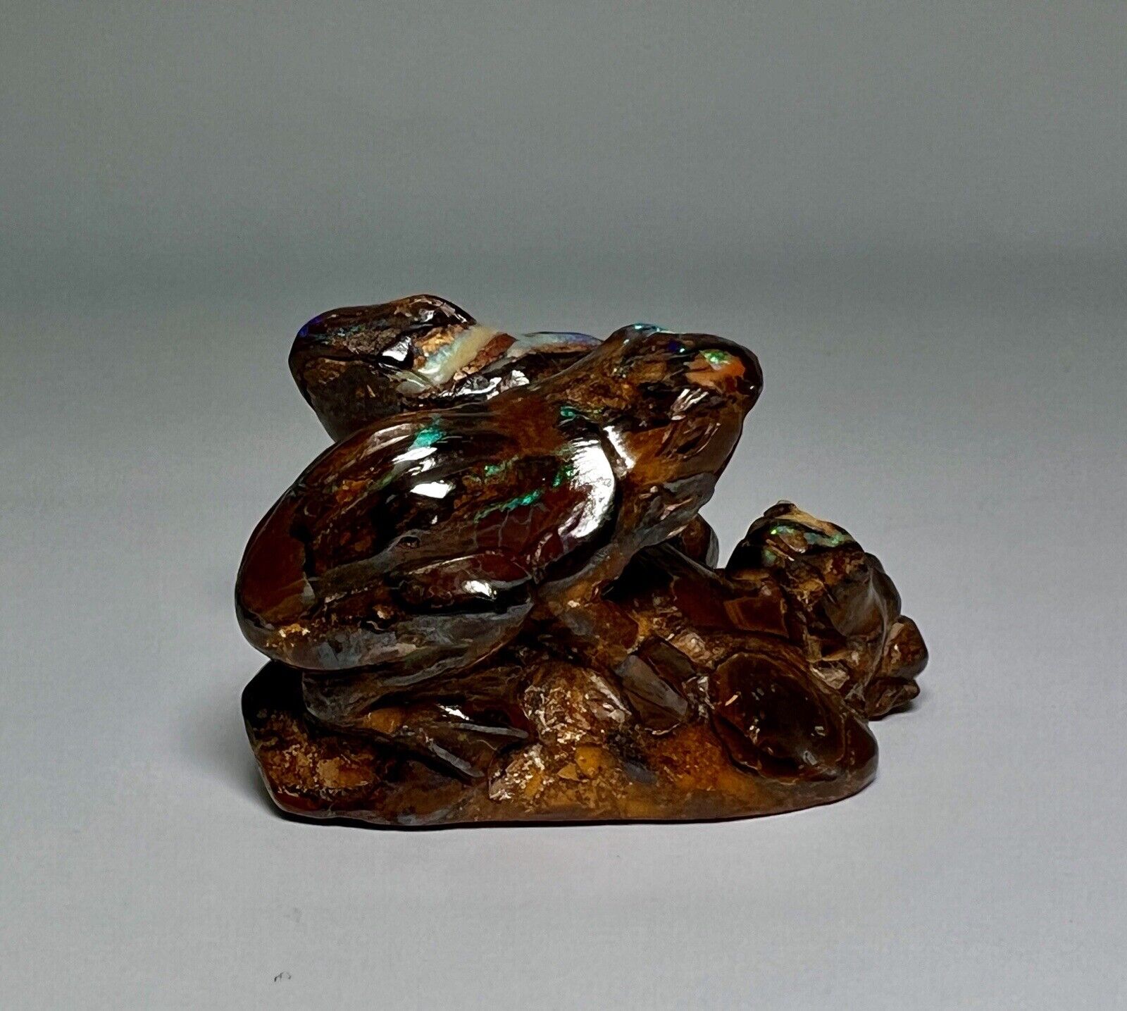 Exquisite 483 CT Carved Koroit Boulder Opal Frog Family Fetish