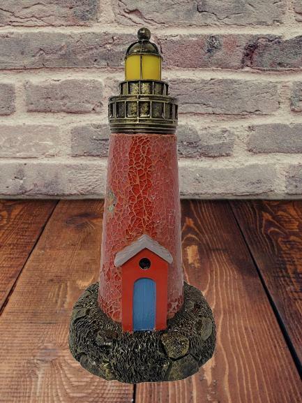 Red Crackle Glass Lighthouse Low Light Accent Table Lamp Beach Lake Decor