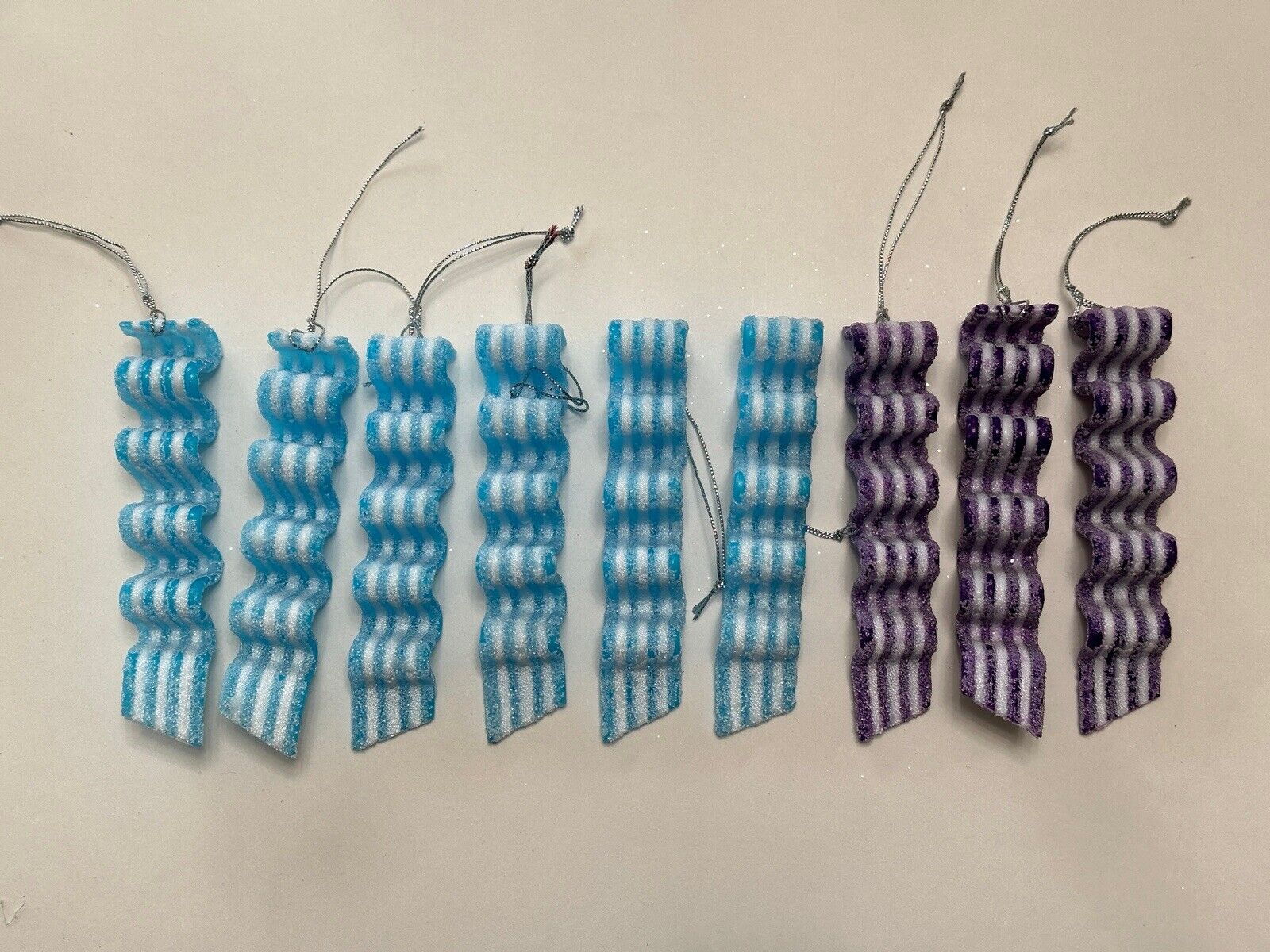 Lot of 9 Sugar Glitter Candy Ribbon Ornaments 5” Purple Blue