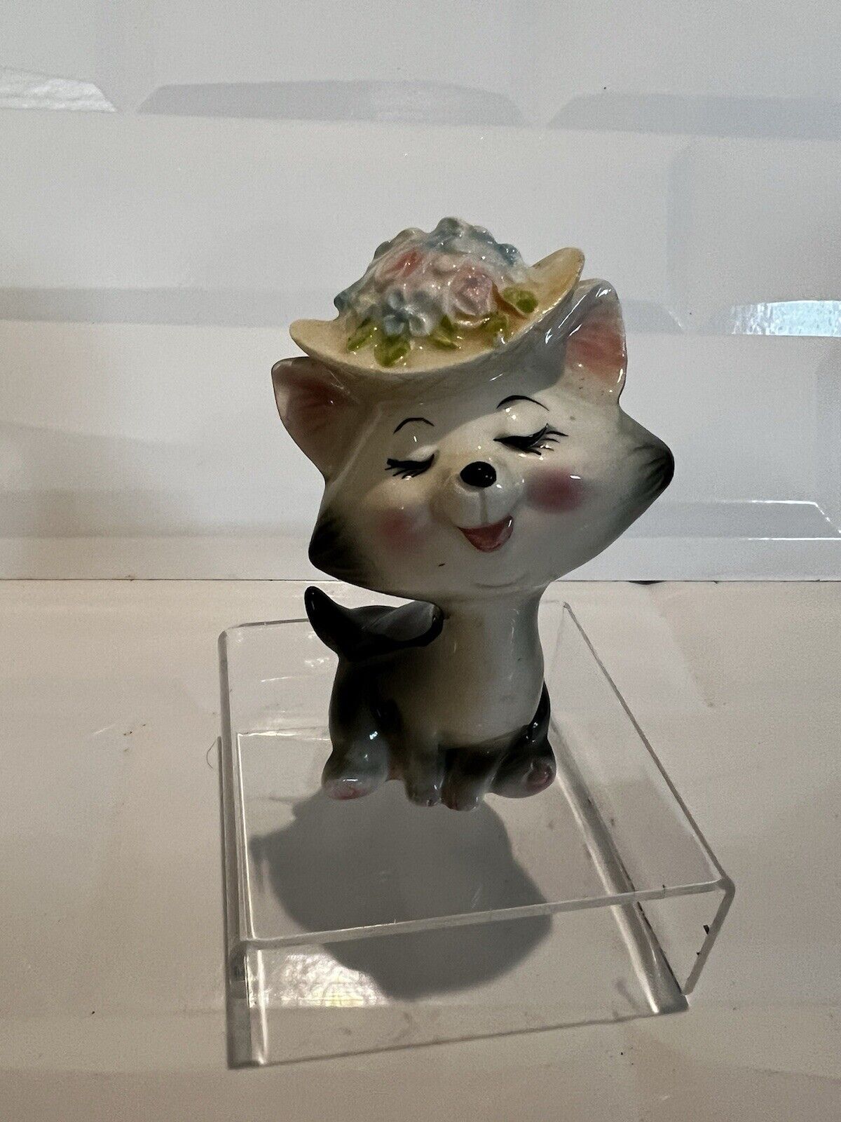 Vintage Kitsch small cat kitten with bonnet anthropomorphic figurine