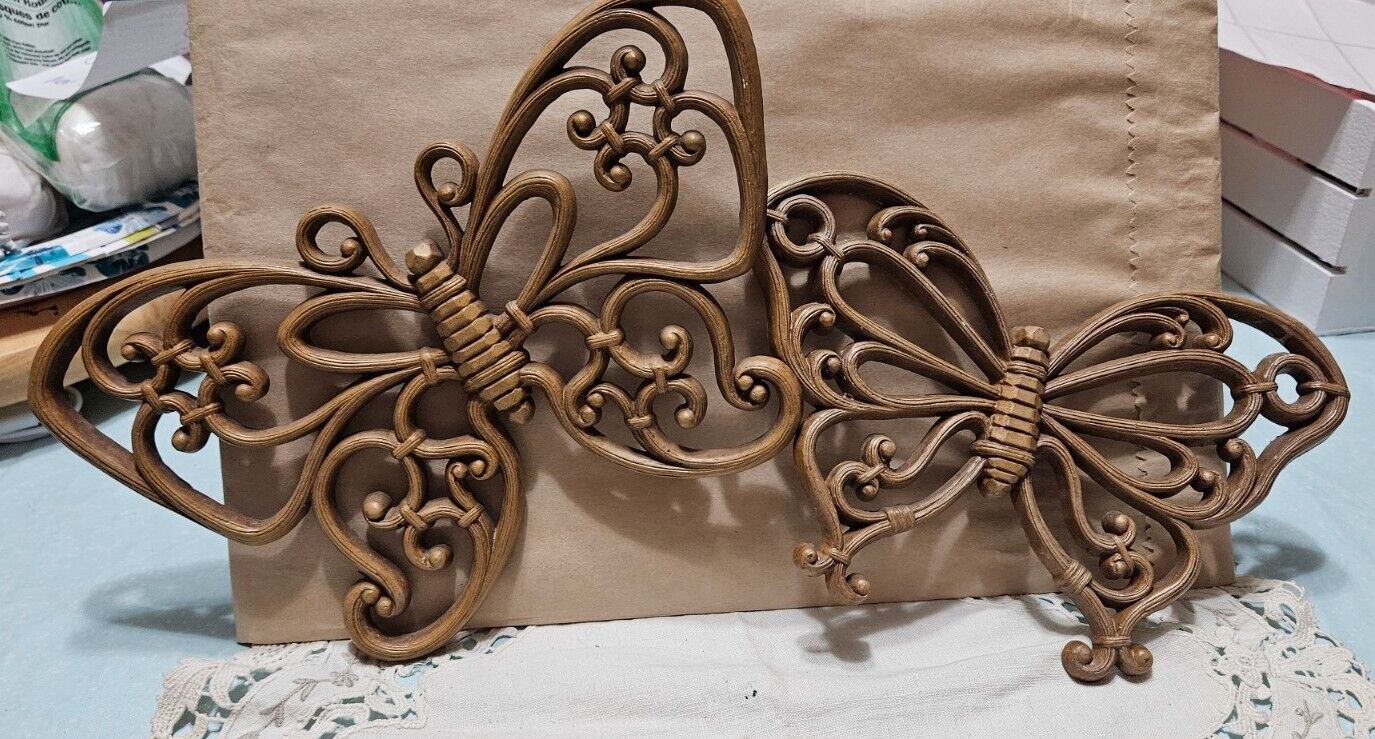 Butterfly Faux Wood Wicker Wall Decor Set of 2 HOMCO Vintage