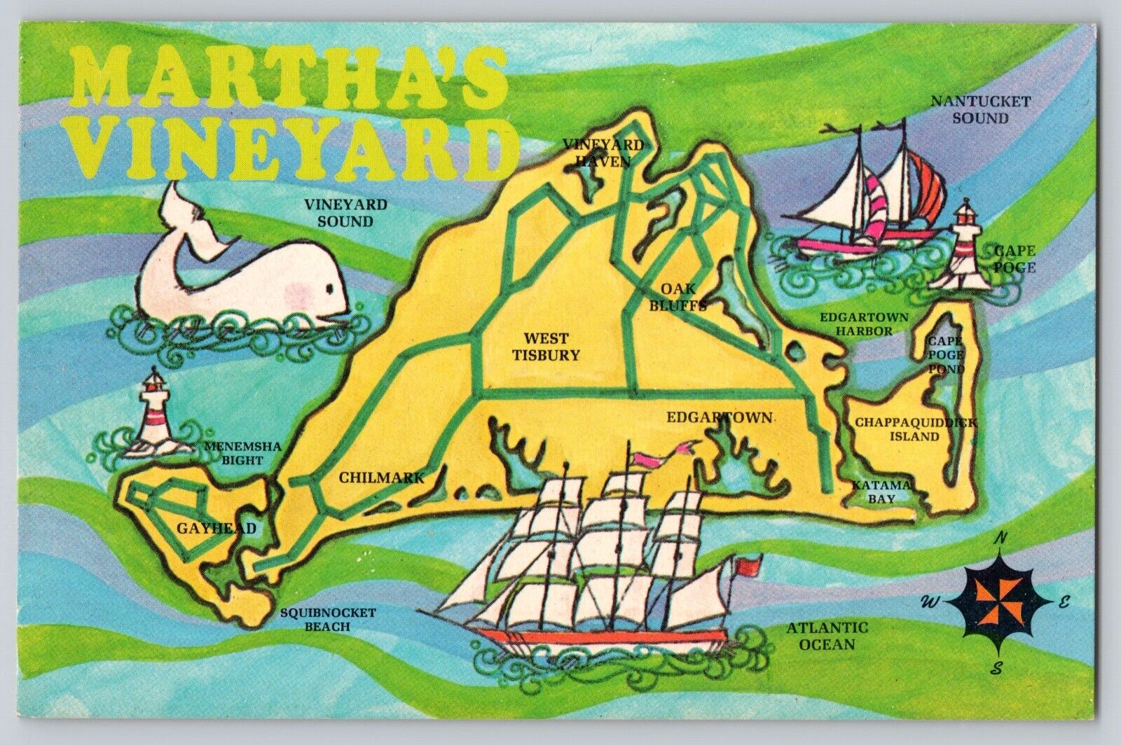 Postcard Martha\'s Vineyard Massachusetts Map Whale Ship Lighthouse