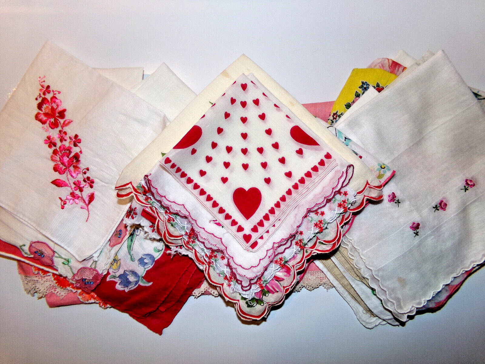 Vintage Handkerchiefs and  aTable Runner, Hearts, Flowers, Embroidered Lot of 38
