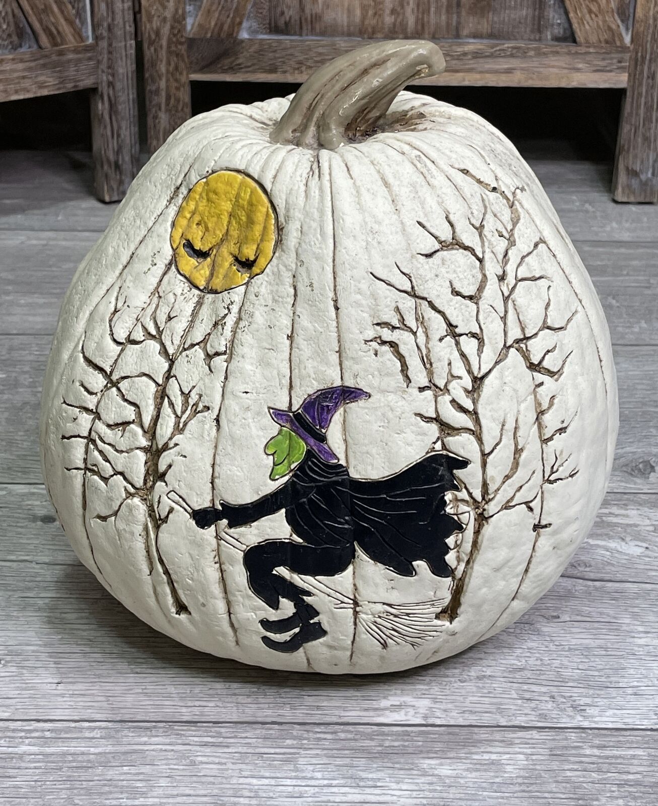 Pottery Hand Painted Halloween Witch on Broom Resin Pumpkin -Very Unique & Rare