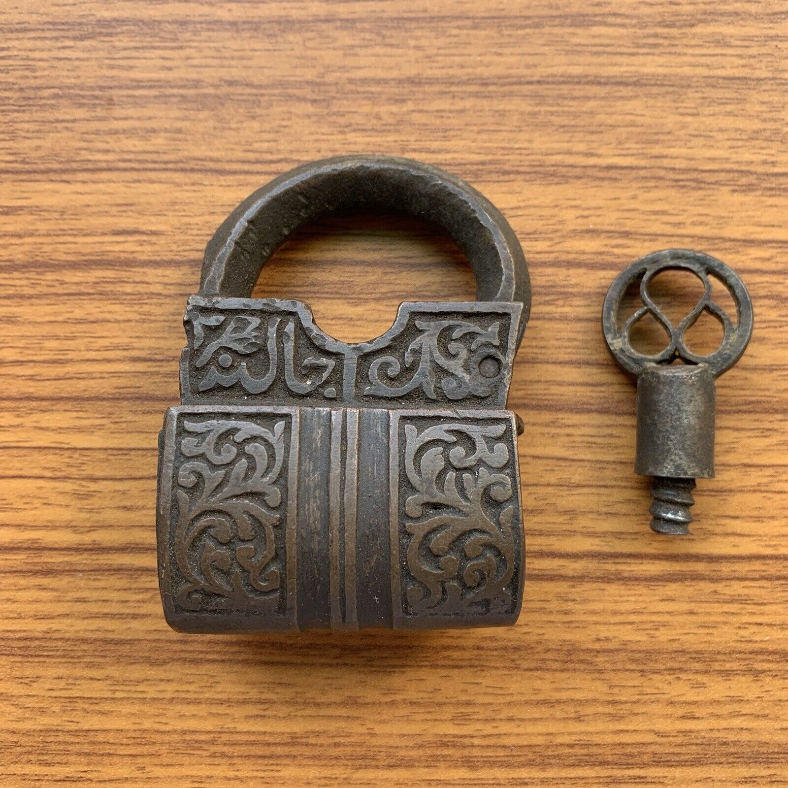 18th C Brass padlock or lock with SCREW TYPE original key nice decorative shape.