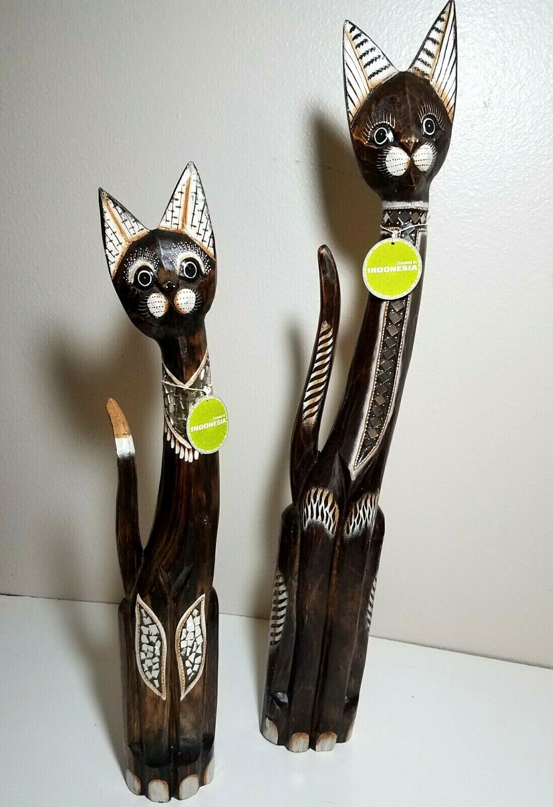 2X Tall Carved Wood Cat Figures Painted Embellished Statues Local Pickup Offered
