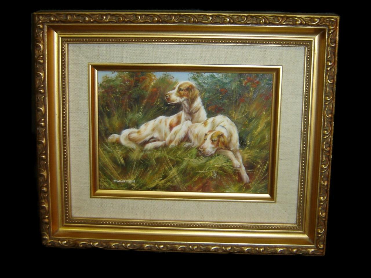 Antique Pair Of English Red And White Dog Setters Oil Painting By Elliot Marten.