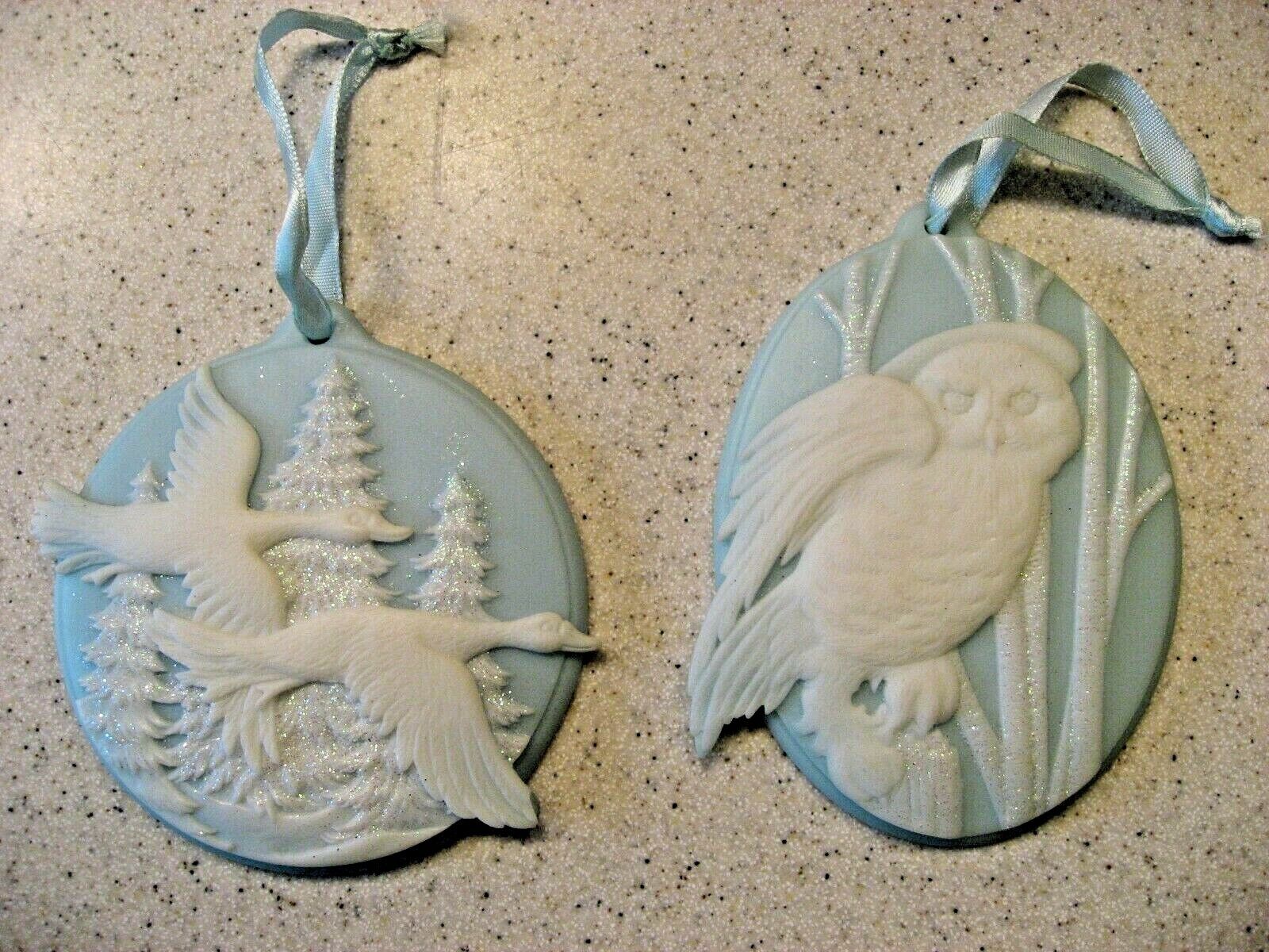 Vintage Lot of Two Owl and Geese Light Blue Disk Christmas Ornaments