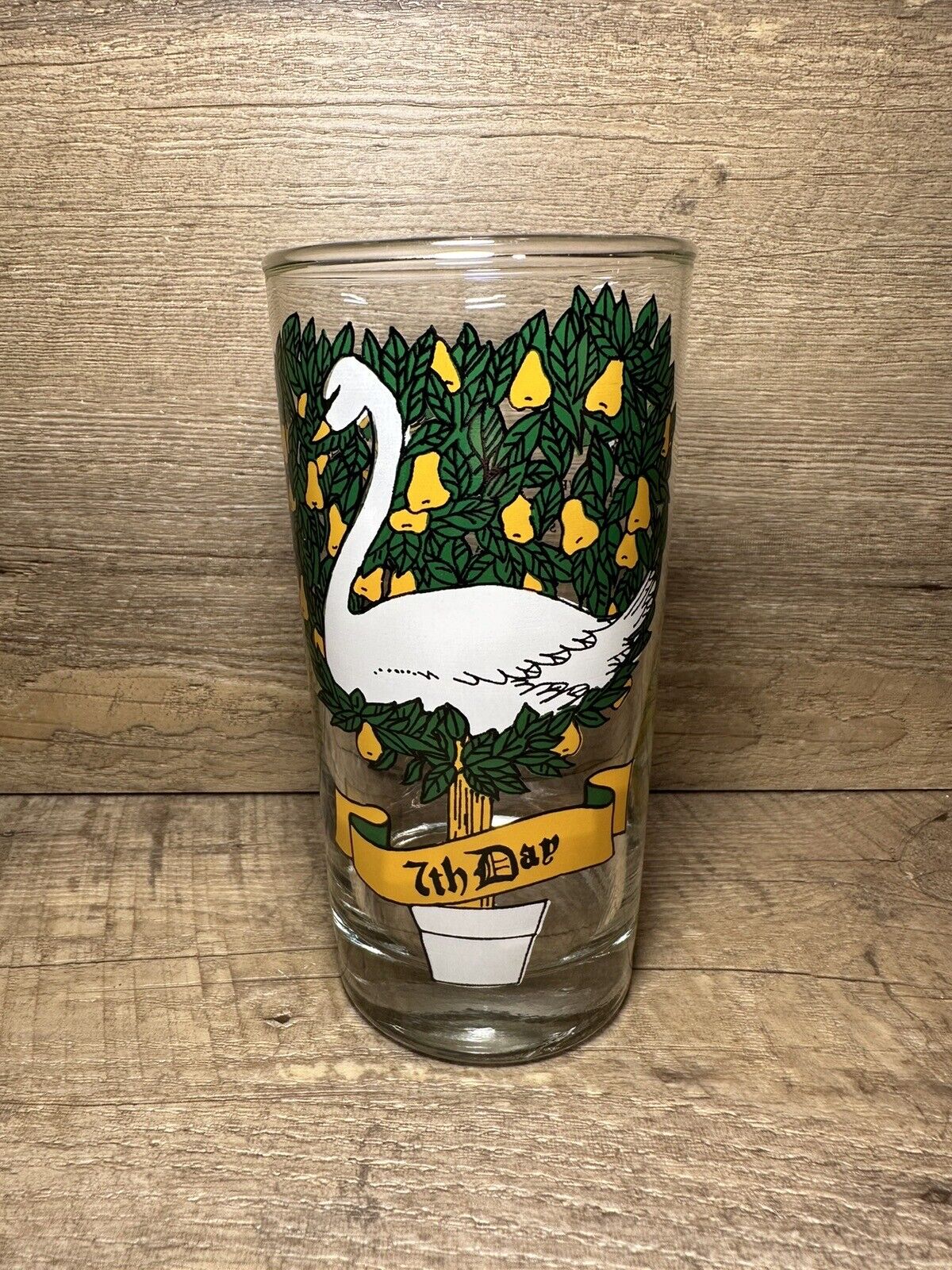 Seventh Day of Christmas Drinking Glass - Vintage White Green Yellow Swan