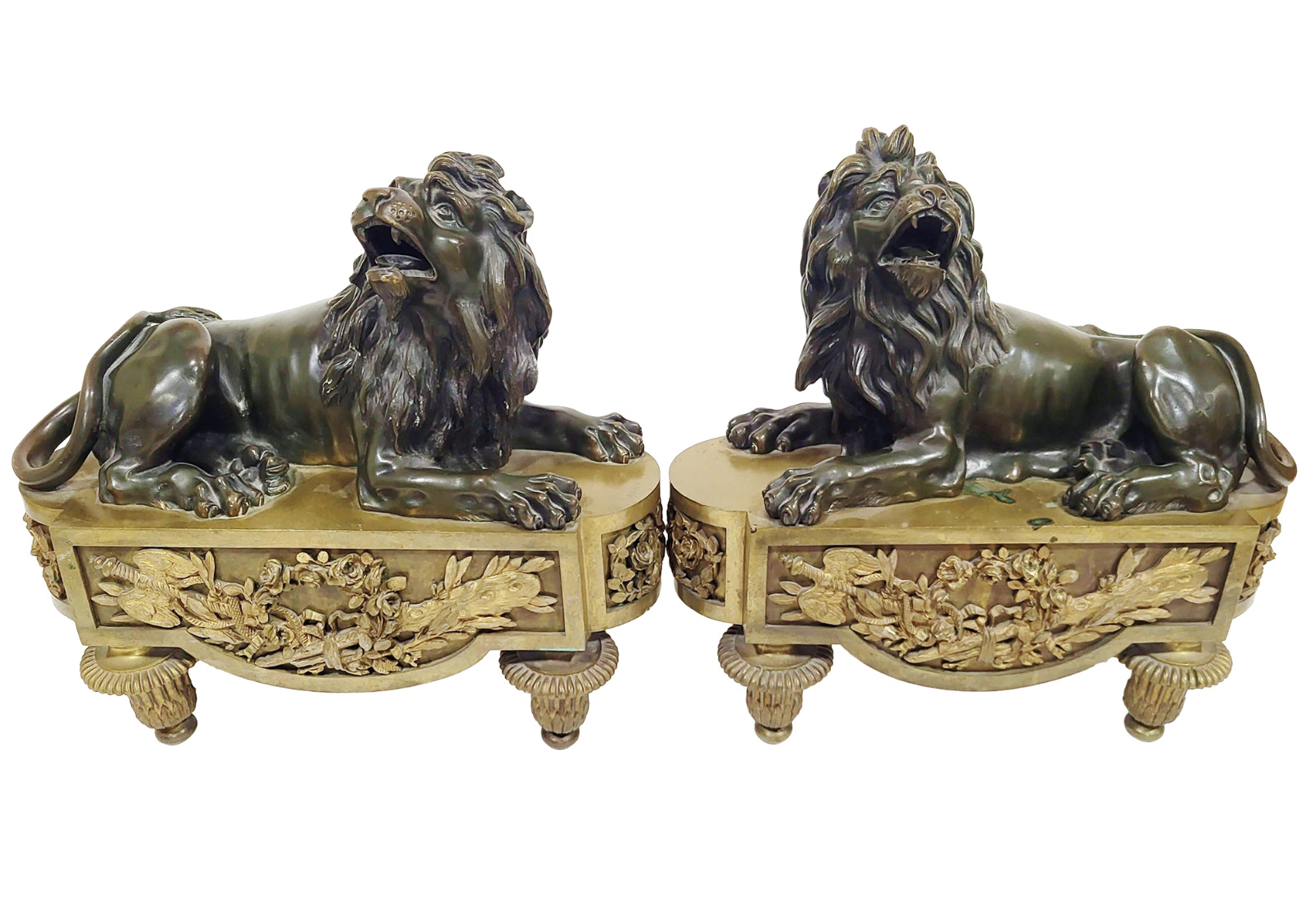 PAIR Monumental FRENCH 19th C Two Tone BRONZE Andiron Figural LION CHENETS