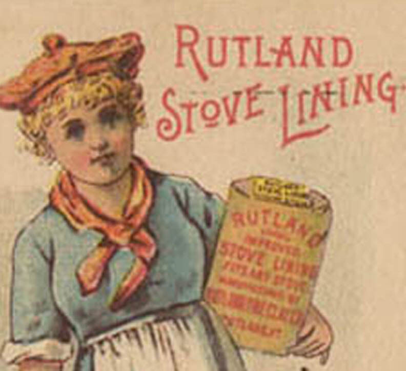 1880\'s RUTLAND STOVE LINING TRADE CARD PRETTY LADY HOLDING CAN TC253