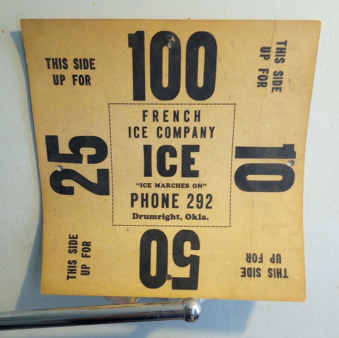 1930s French Ice Co. Drumright,Ok. Cardboard Sign. 11x11