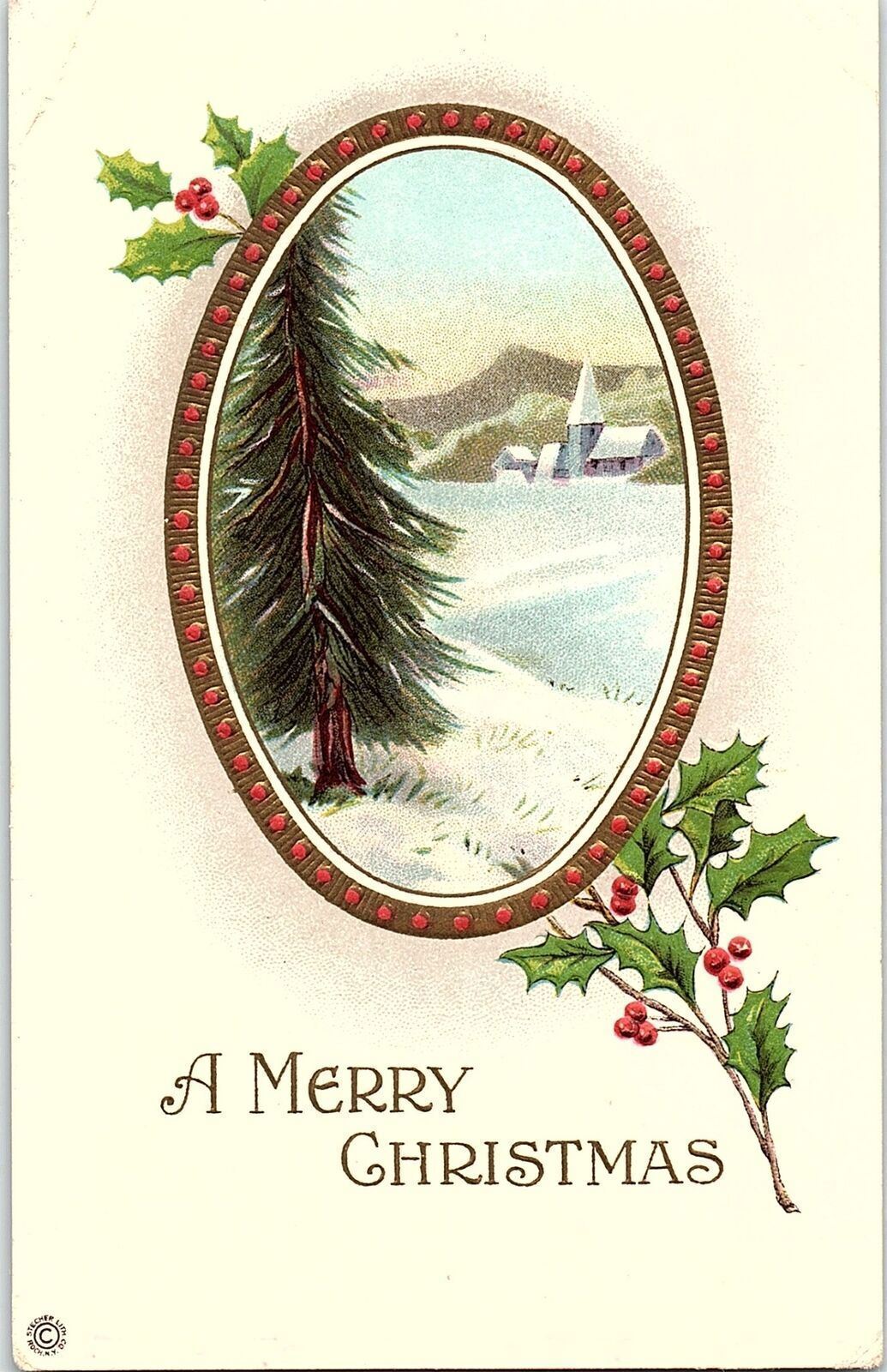 c1915 MERRY CHRISTMAS CHURCH SNOW SCENE HOLLY EMBOSSED POSTCARD 39-270