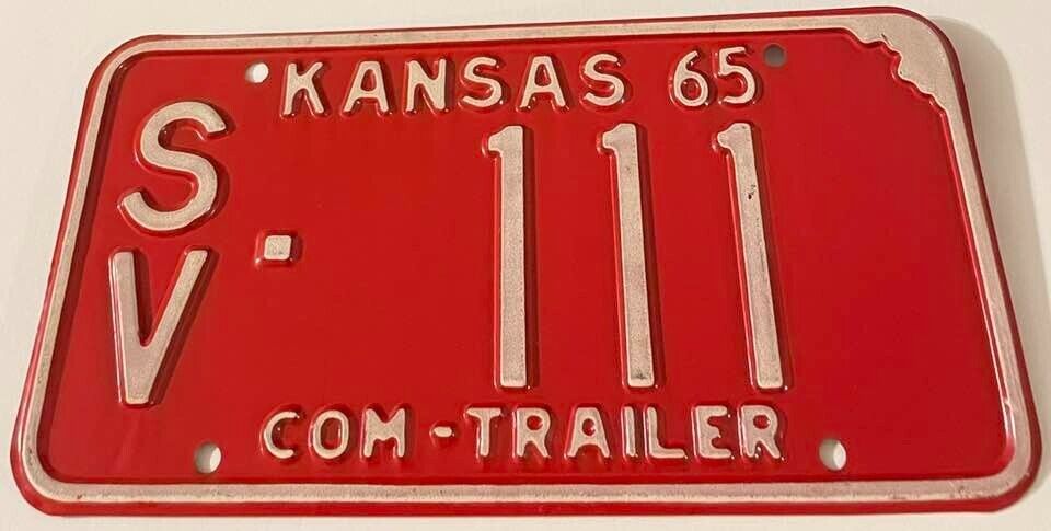 Vintage 1965 Kansas License Plate SV 111 Good Numbers Triple 1 