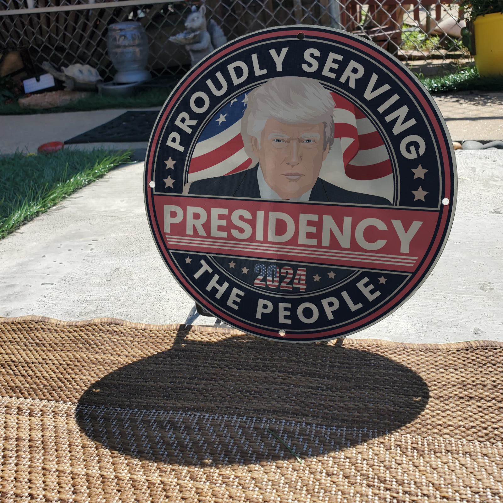 2024 PRESIDENCY PROUDLY SERVING THE PEOPLE 11.75-INCH PORCELAIN GAS & OIL SIGN