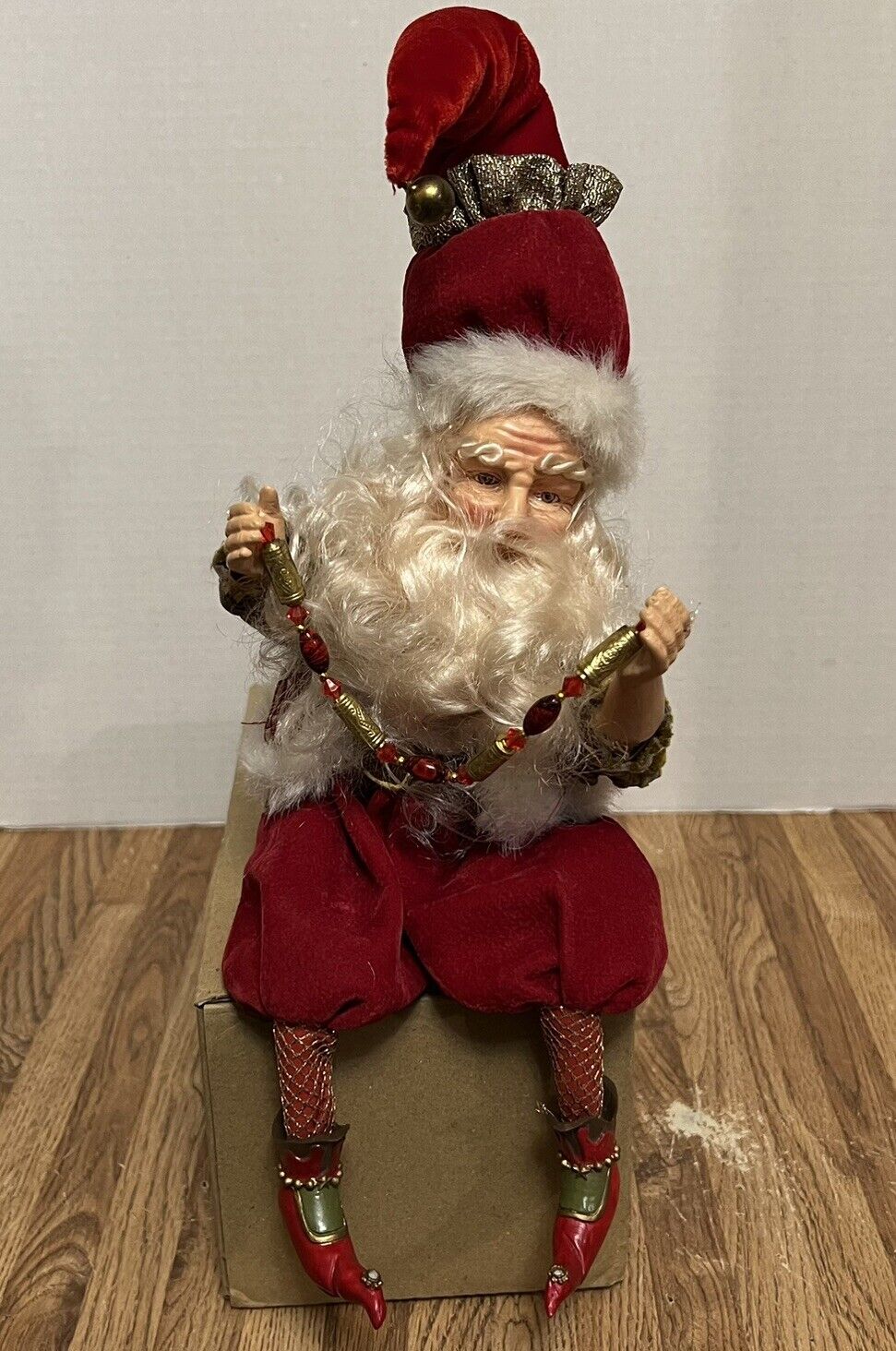 Jolly St Nick on a Shelf Velvet Gold Holiday Sitting Santa Clause Doll