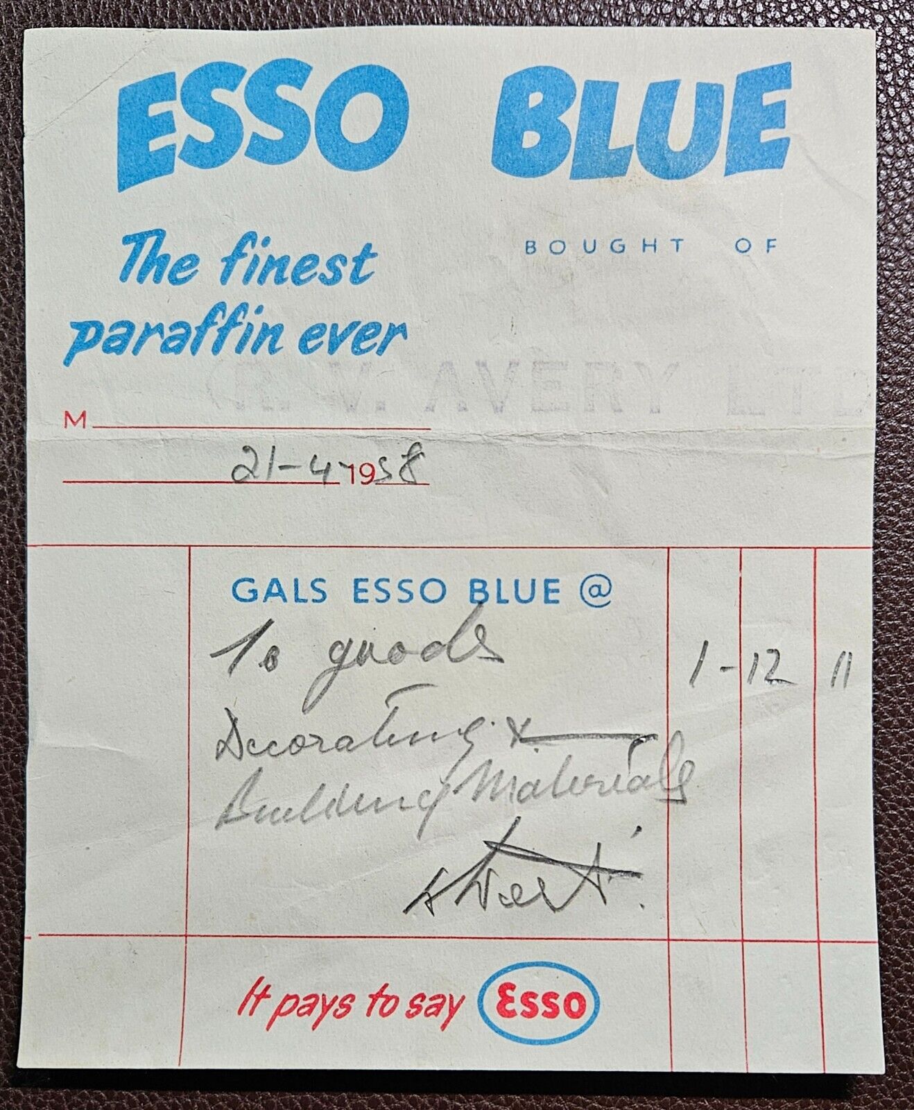 1958 Esso Blue Invoice from R. V. Avery Ltd