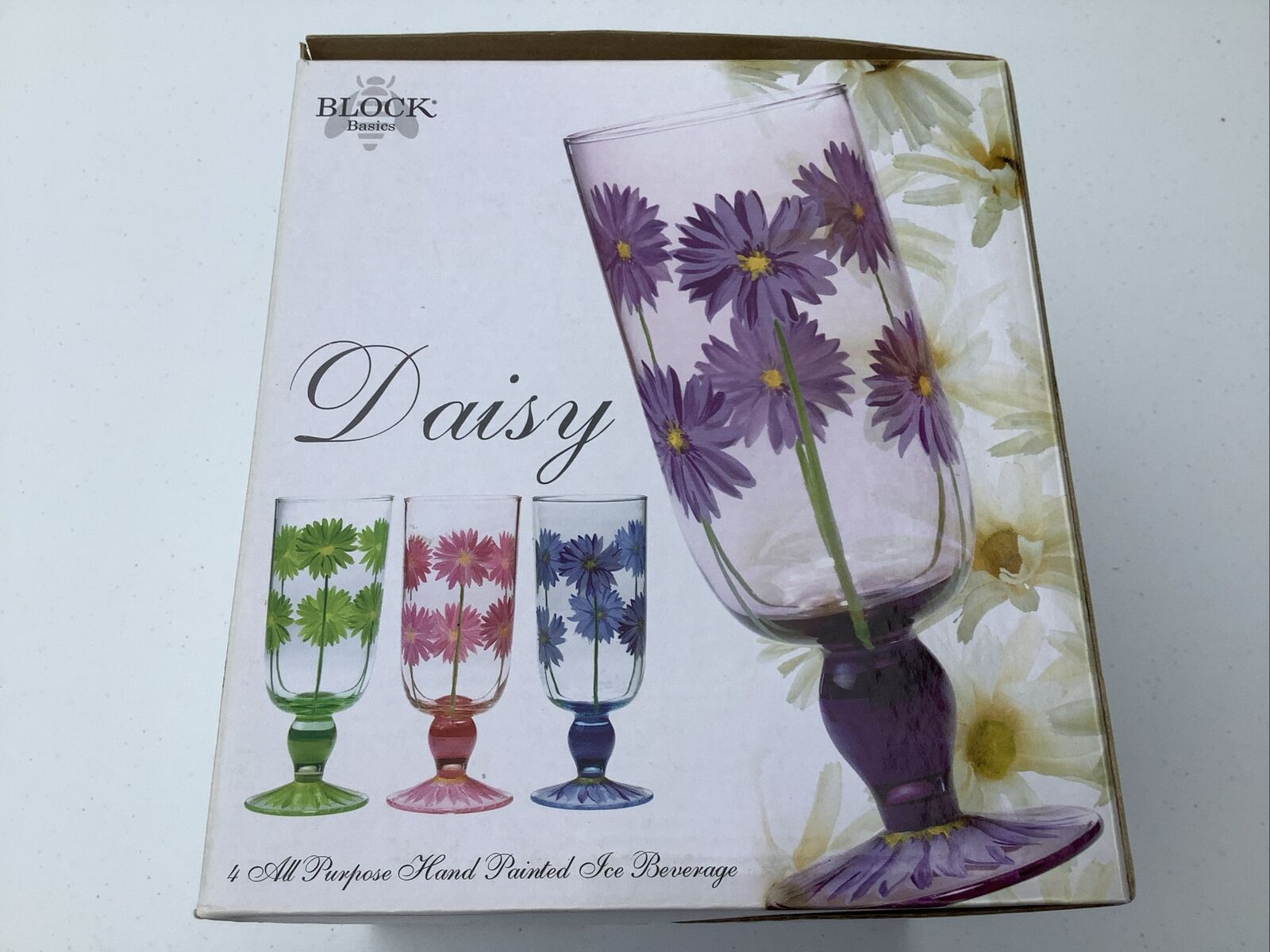NOS Block Drinking Glasses Set of 4 Daisy Flower Hand Painted in Box Vintage Y2K