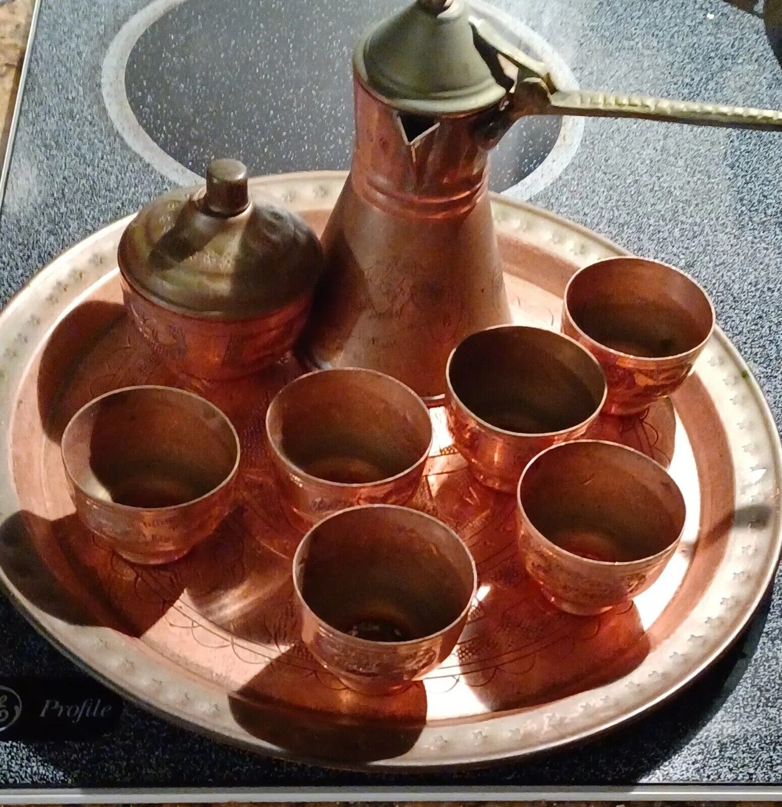 Vintage handmade etched copper & brass Mideastern Coppercoffee/tea set. 6 cups