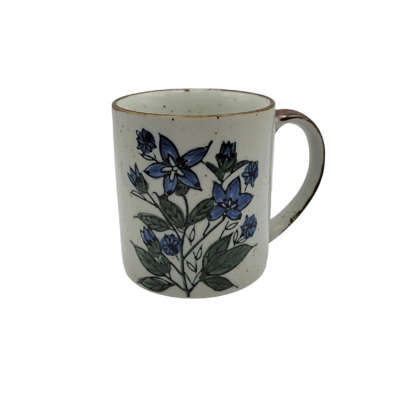 Vtg Speckled Stoneware Blue Violet Forget-Me-Not Floral Ceramic Coffee Tea Mug
