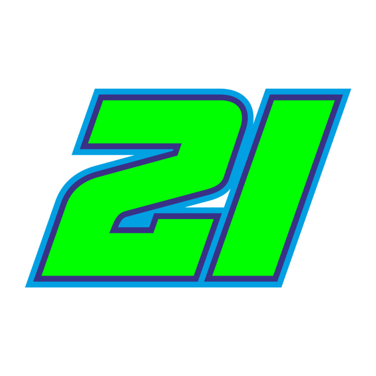 A glossy laminate sticker of the driver with the starting number 21 Franco
