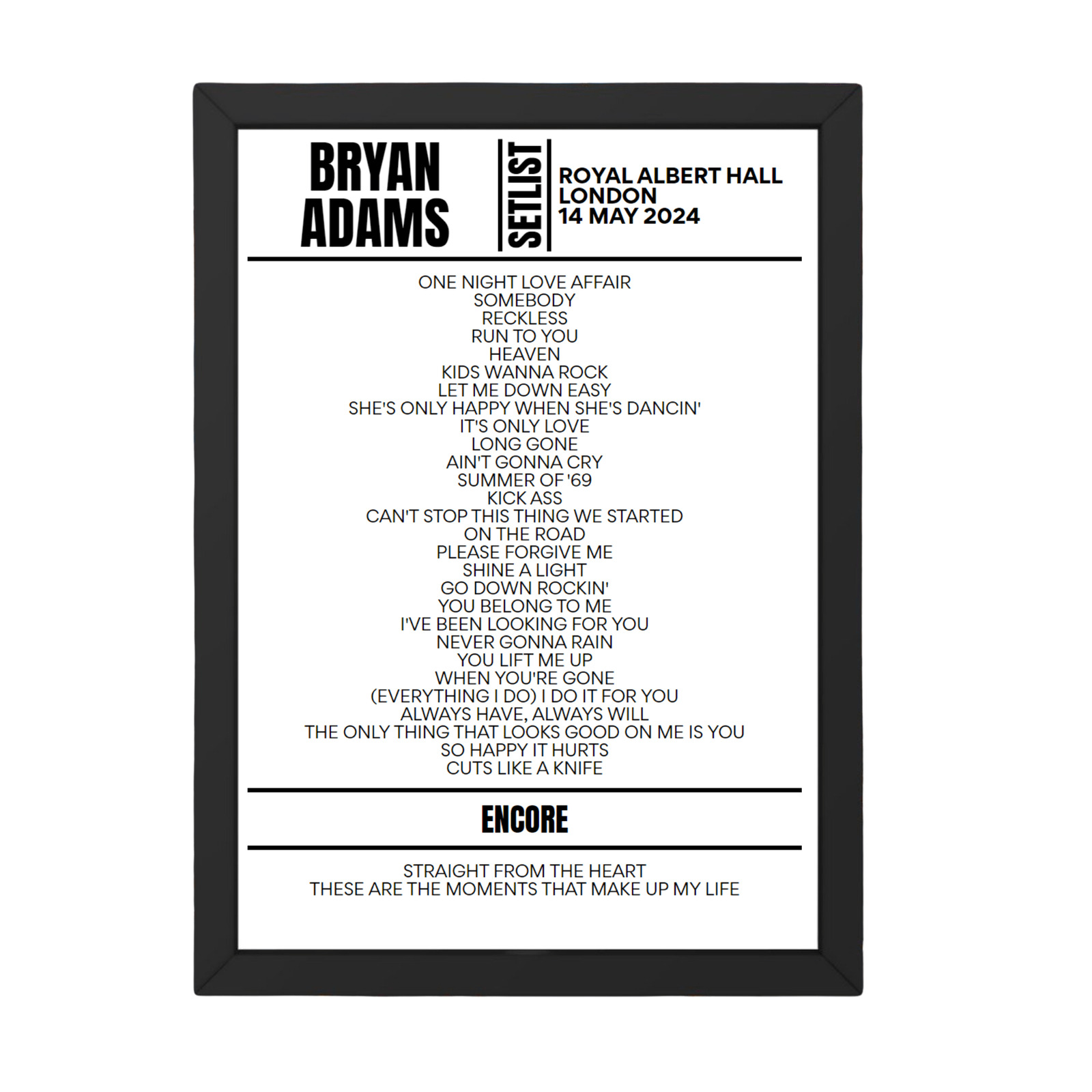 Bryan Adams London May 14 2024 Replica Setlist