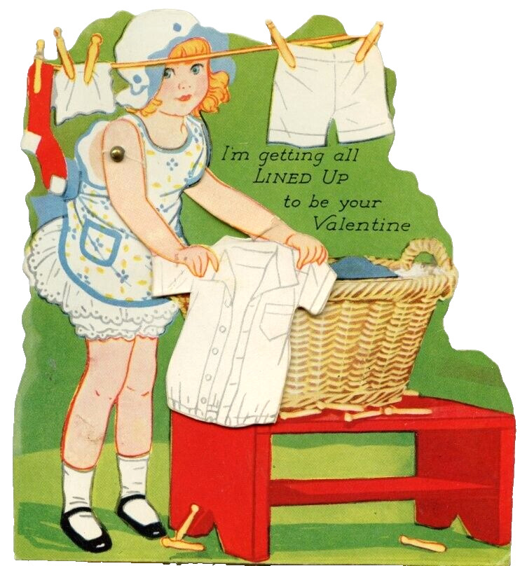 Vtg Valentine Mechanical Die Cut Card Girl Apron Hanging Clothes Line 1930s