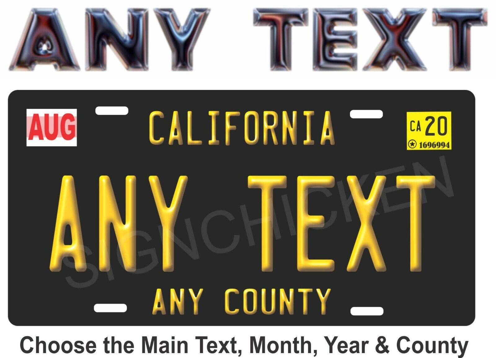 California Black  License Plate, ANY TEXT, VANITY, EMBOSSED LOOK, NEW