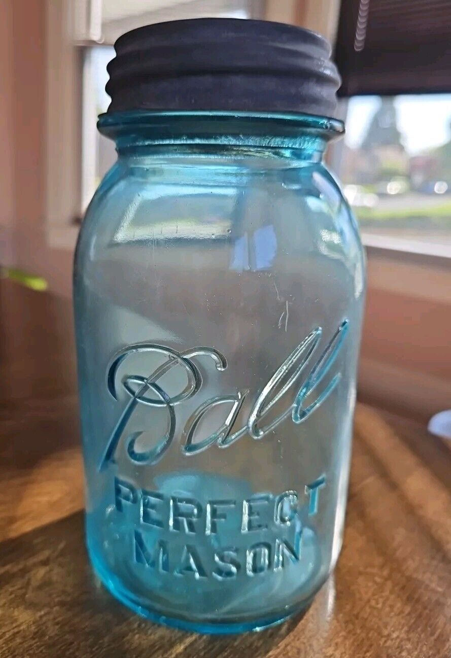 Antique Ball Perfect Mason Quart Jar #7 Zinc Lid Circa 1923-1933 Aqua Blue