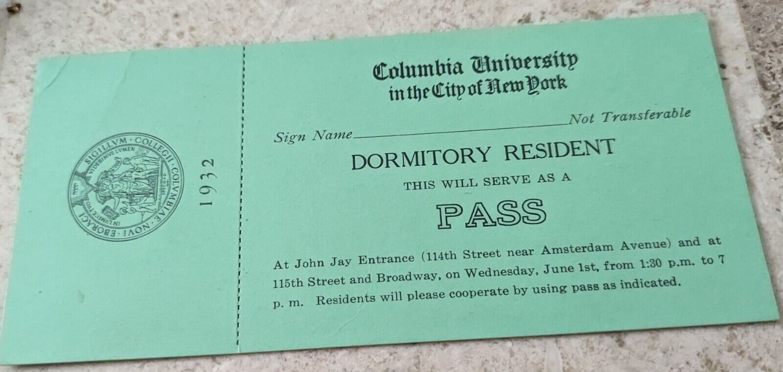 *SCARCE* 1932 UNUSED COLUMBIA UNIVERSITY DORMITORY RESIDENT PASS NYC