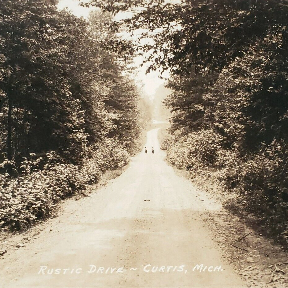 Curtis Michigan Gravel Road RPPC Postcard 1930s Street Drive Real Photo MI A2693