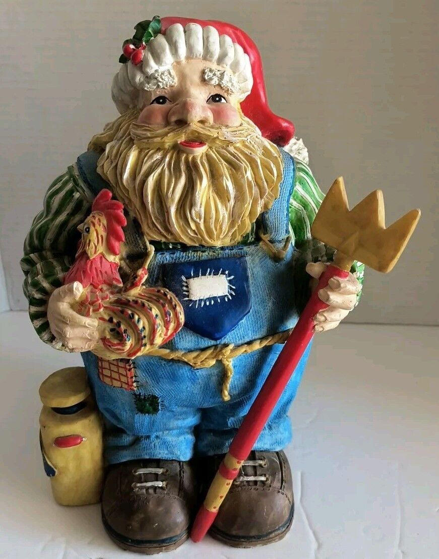 Vintage Santa Claus Farmer Holding Tool & Roster Figurine With Milk On The Side