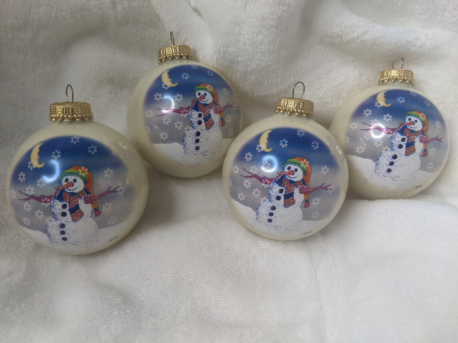 Set of 4 Vintage Snowman Bulb Ball Pearl White Glass Christmas Ornaments