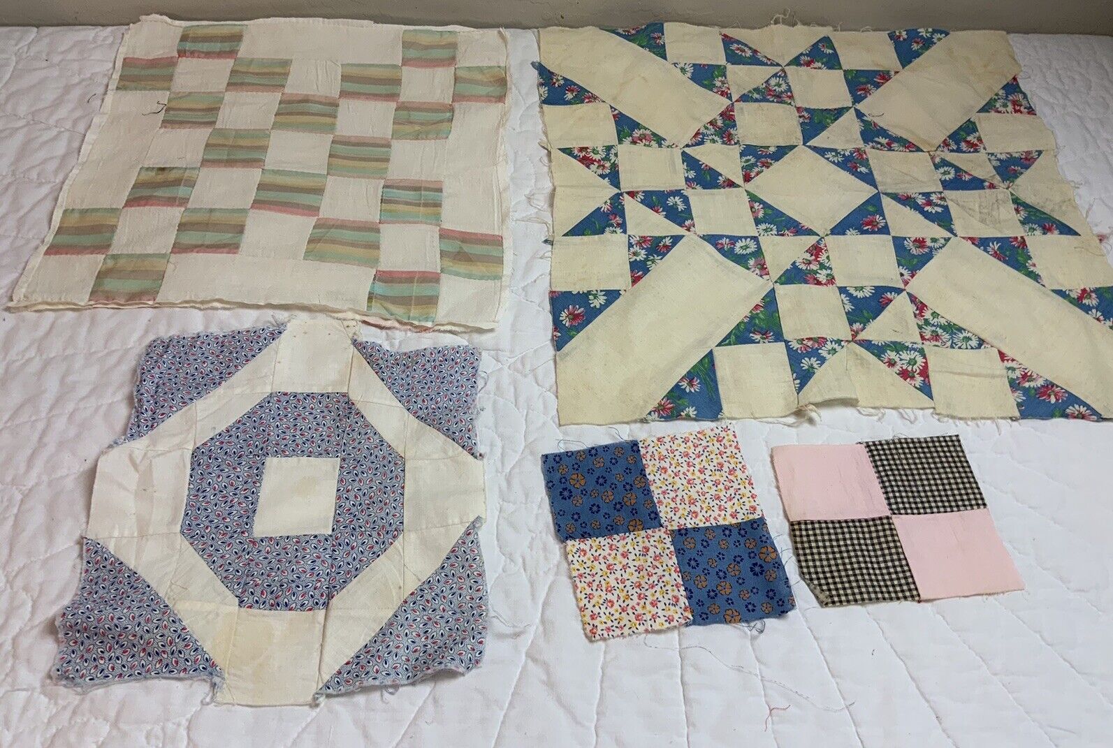 Vintage Antique Patchwork Quilt Blocks, Lot Of 5, Various Patterns, As Is